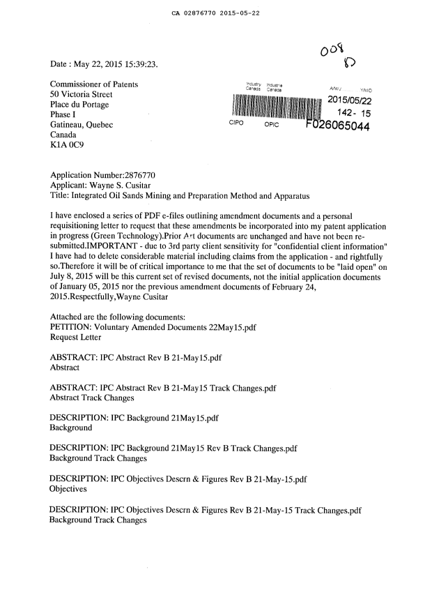Canadian Patent Document 2876770. Prosecution-Amendment 20141222. Image 1 of 49