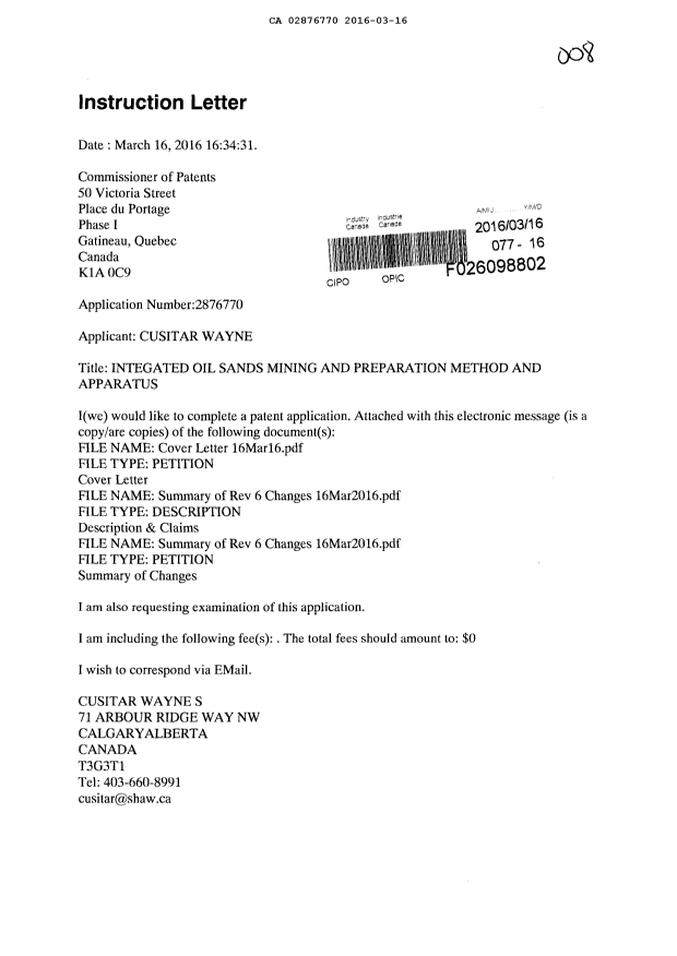 Canadian Patent Document 2876770. Prosecution-Amendment 20151216. Image 1 of 12