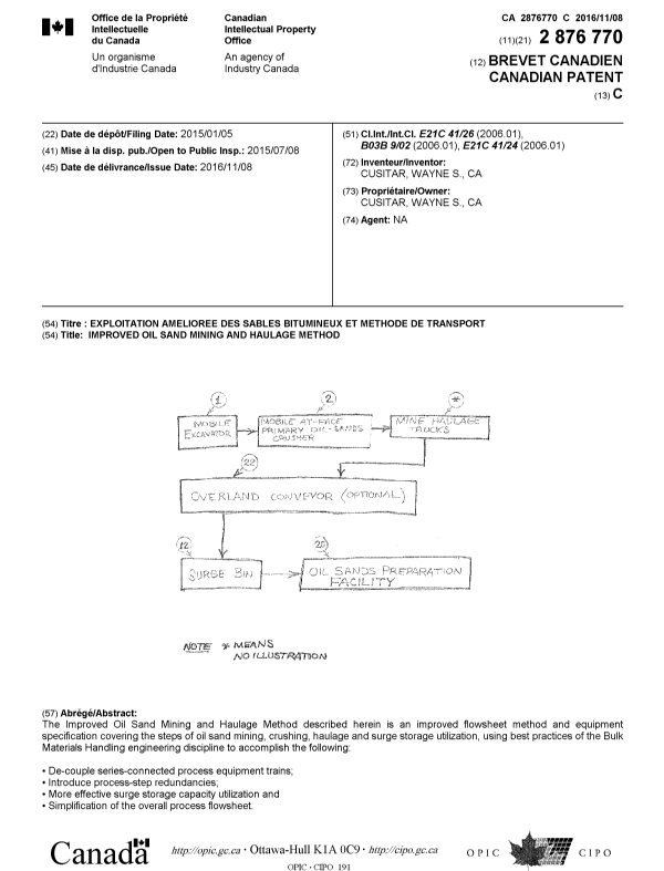 Document de brevet canadien 2876770. Page couverture 20151224. Image 1 de 1