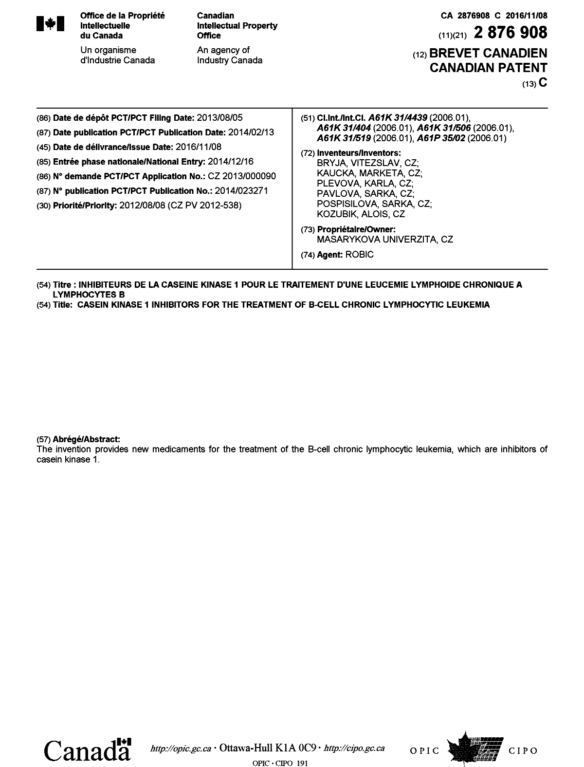 Canadian Patent Document 2876908. Cover Page 20161024. Image 1 of 1
