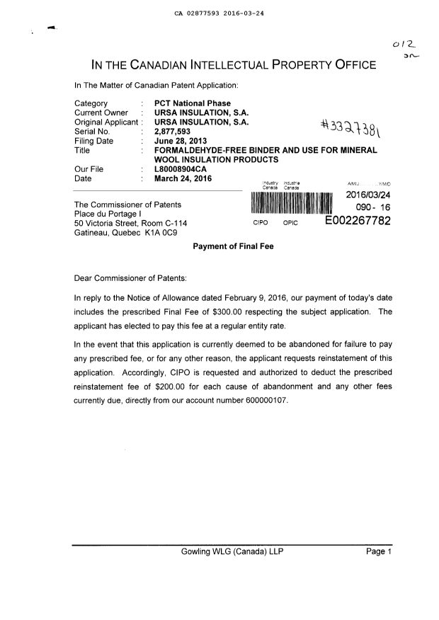 Canadian Patent Document 2877593. Correspondence 20151224. Image 1 of 2
