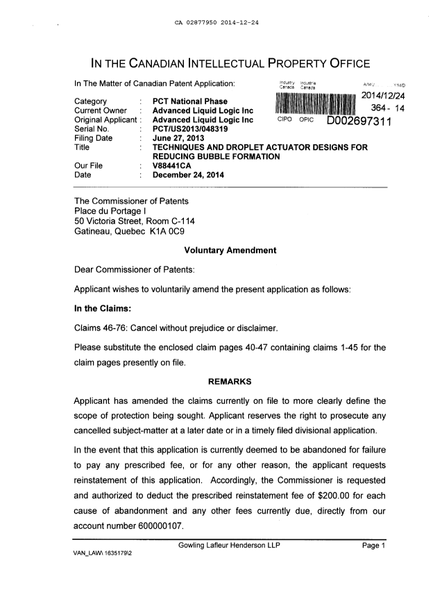 Canadian Patent Document 2877950. Prosecution-Amendment 20131224. Image 1 of 10