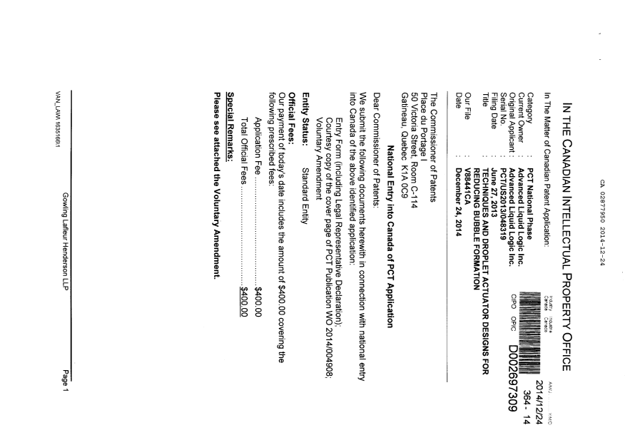Document de brevet canadien 2877950. Cession 20131224. Image 1 de 4