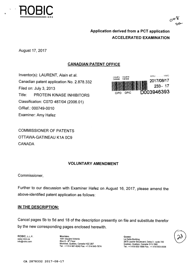 Document de brevet canadien 2878332. Modification 20170817. Image 1 de 23