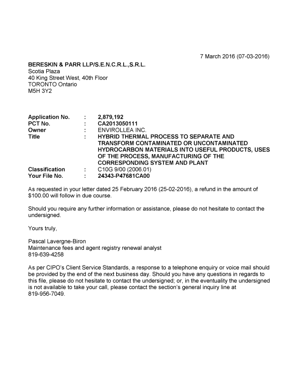 Document de brevet canadien 2879192. Correspondance 20151207. Image 1 de 1