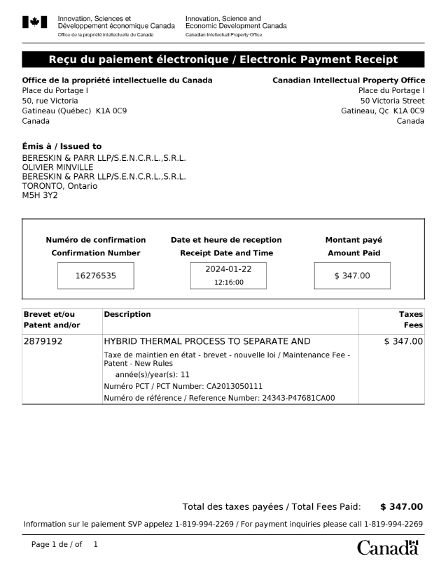 Document de brevet canadien 2879192. Paiement de taxe périodique 20240122. Image 1 de 1