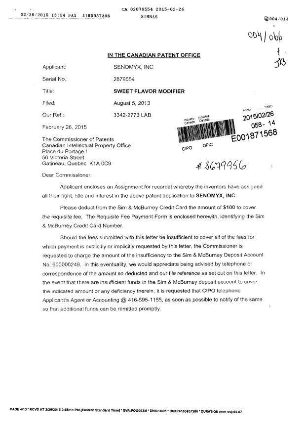 Document de brevet canadien 2879554. Cession 20150226. Image 1 de 11