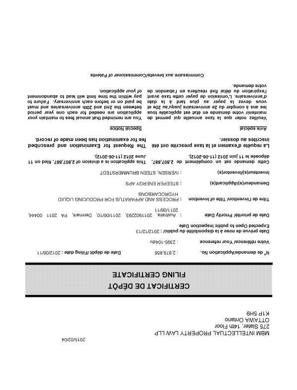 Document de brevet canadien 2879856. Correspondance 20141204. Image 1 de 1