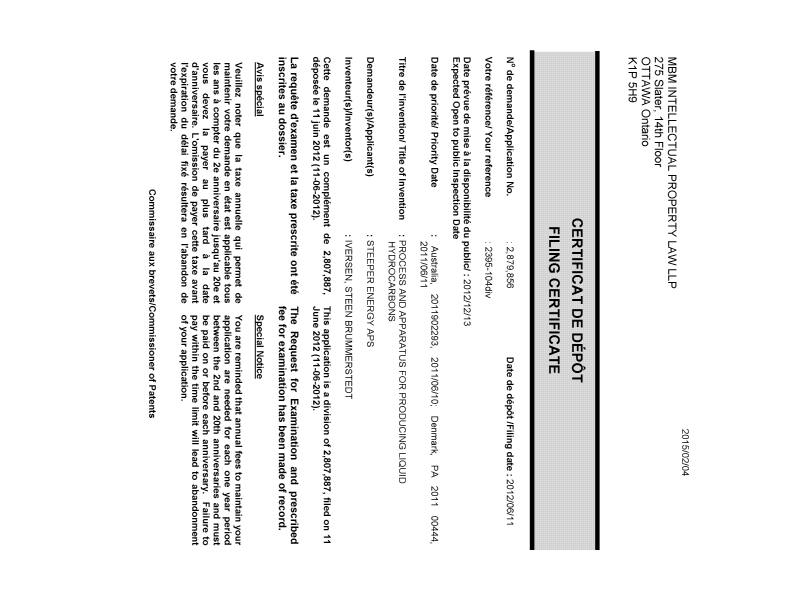 Document de brevet canadien 2879856. Correspondance 20141204. Image 1 de 1