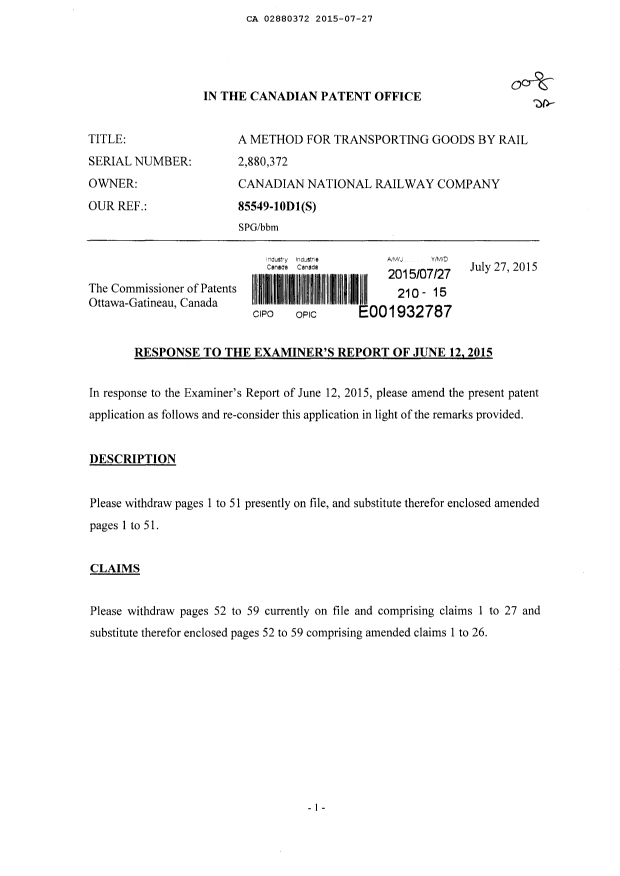 Canadian Patent Document 2880372. Prosecution-Amendment 20141227. Image 1 of 73
