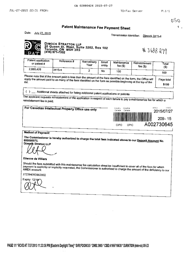 Canadian Patent Document 2880426. Maintenance Fee Payment 20150727. Image 1 of 1