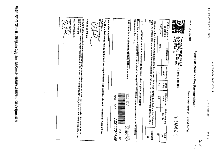 Canadian Patent Document 2880426. Maintenance Fee Payment 20150727. Image 1 of 1