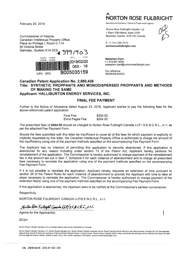 Canadian Patent Document 2880426. Final Fee 20190220. Image 1 of 1