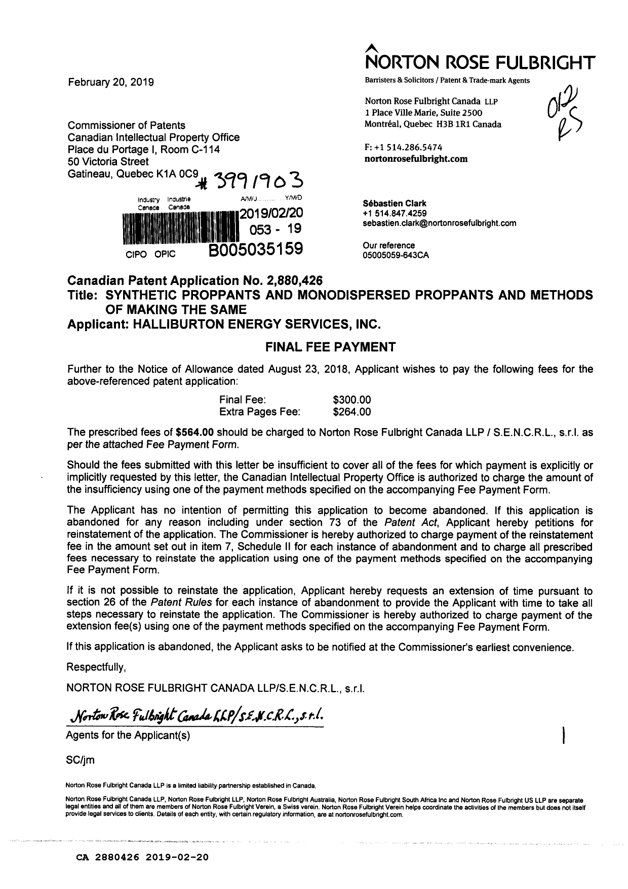 Canadian Patent Document 2880426. Final Fee 20190220. Image 1 of 1