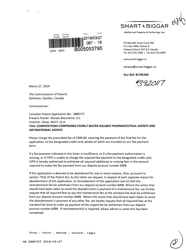 Canadian Patent Document 2880727. Final Fee 20190327. Image 1 of 2