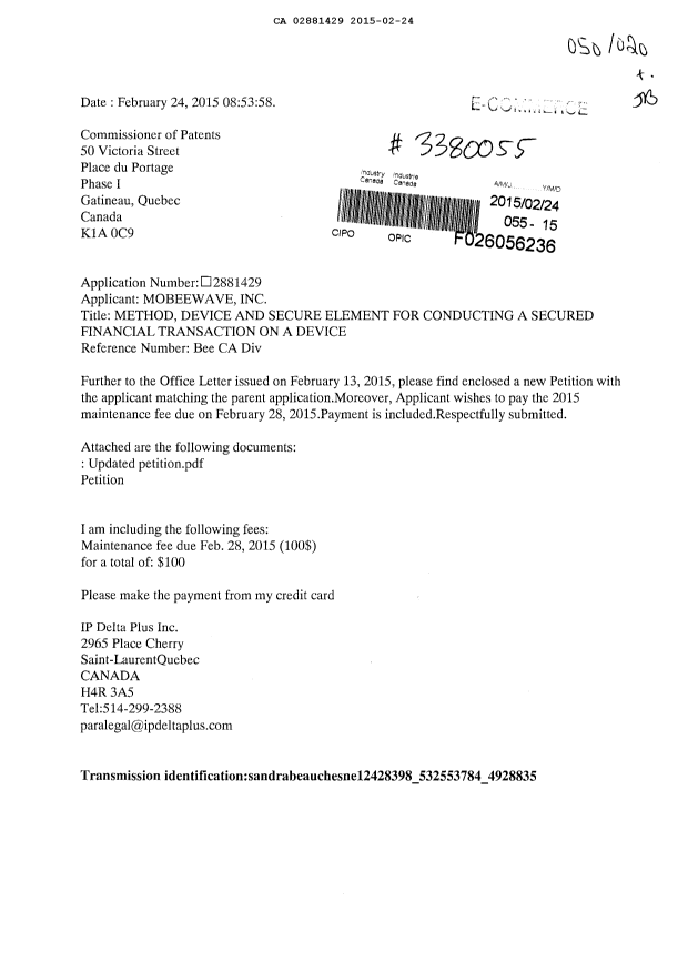 Document de brevet canadien 2881429. Taxes 20150224. Image 1 de 3
