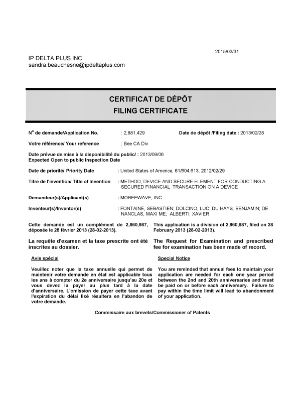 Document de brevet canadien 2881429. Correspondance 20150331. Image 1 de 1