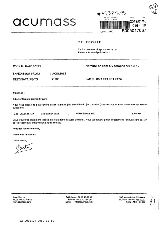 Document de brevet canadien 2881429. Paiement de taxe périodique 20190116. Image 1 de 1