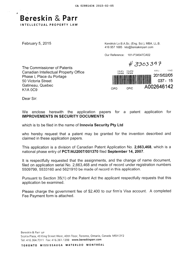 Document de brevet canadien 2881434. Cession 20150205. Image 1 de 4