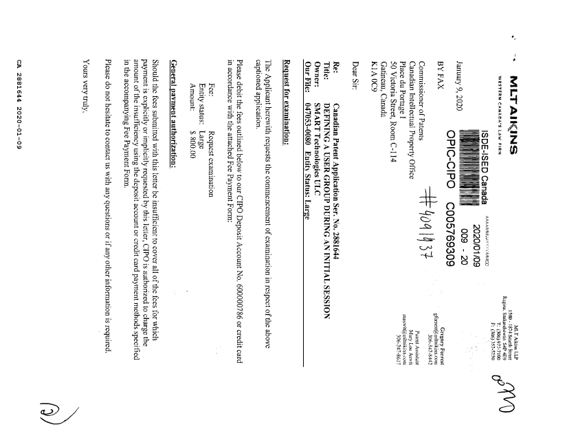 Canadian Patent Document 2881644. Request for Examination 20200109. Image 1 of 2