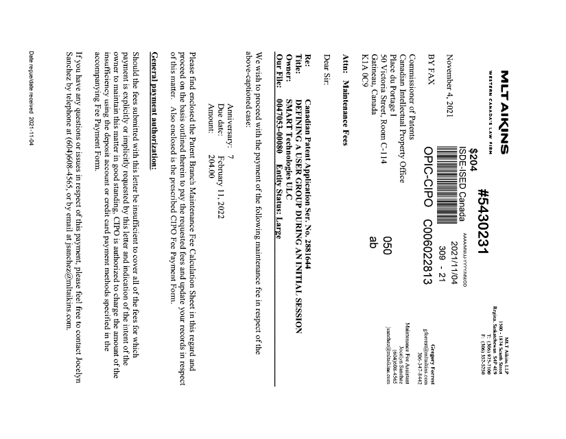 Canadian Patent Document 2881644. Maintenance Fee Payment 20211104. Image 1 of 3