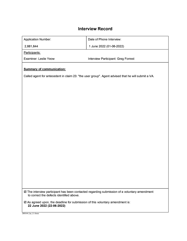 Document de brevet canadien 2881644. Enregistrer une note relative à une entrevue (Acti 20220606. Image 1 de 1