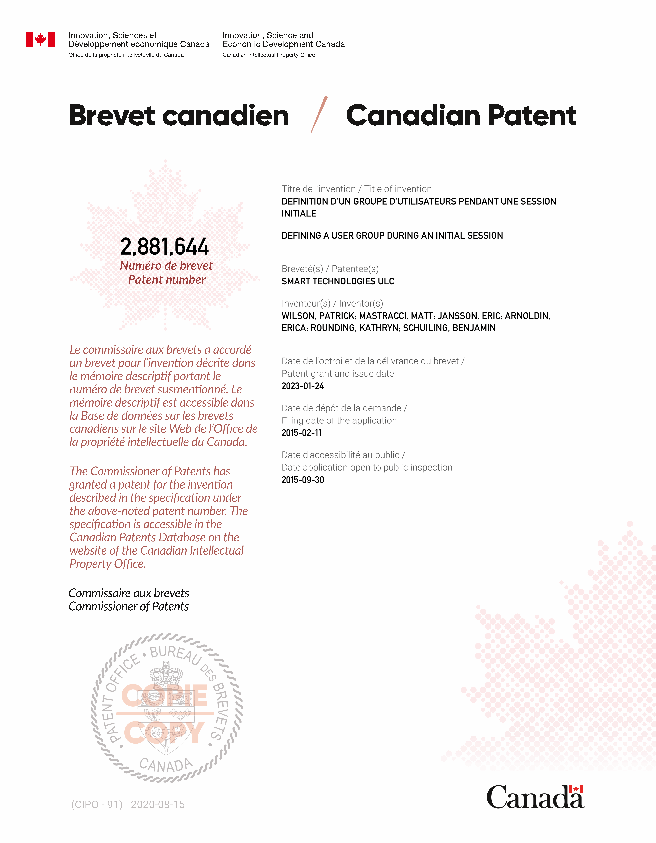 Canadian Patent Document 2881644. Electronic Grant Certificate 20230124. Image 1 of 1