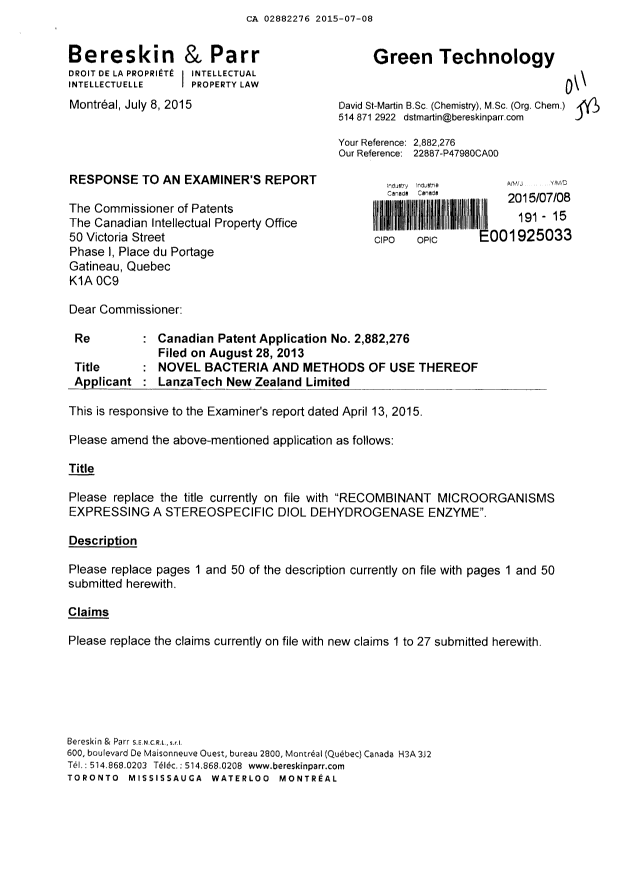 Canadian Patent Document 2882276. Prosecution-Amendment 20141208. Image 1 of 14