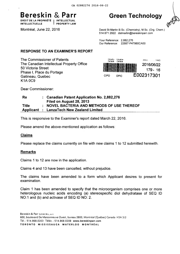 Canadian Patent Document 2882276. Prosecution-Amendment 20151222. Image 1 of 12
