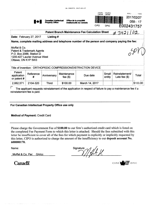 Canadian Patent Document 2882571. Maintenance Fee Payment 20170227. Image 1 of 1