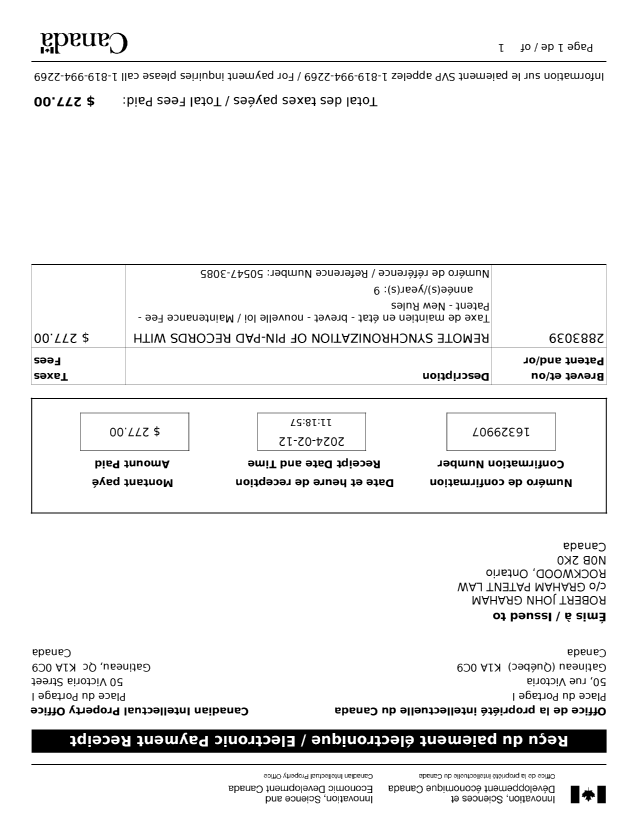 Canadian Patent Document 2883039. Maintenance Fee Payment 20240212. Image 1 of 1