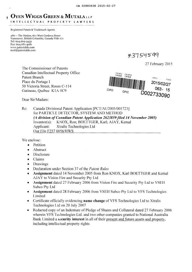 Document de brevet canadien 2883638. Cession 20150227. Image 1 de 69