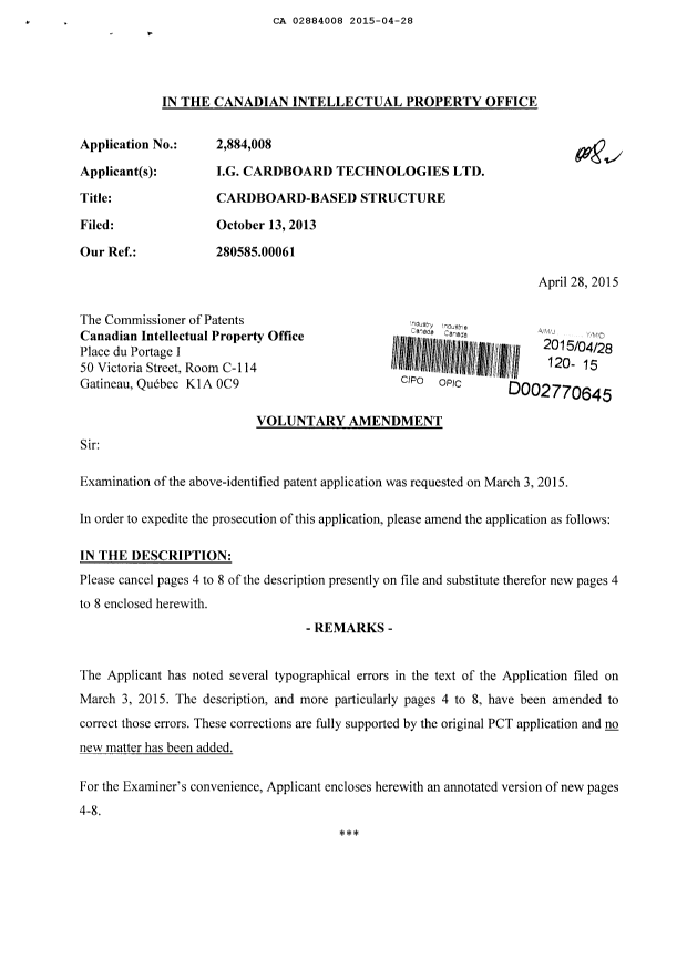 Canadian Patent Document 2884008. Prosecution-Amendment 20141228. Image 1 of 12