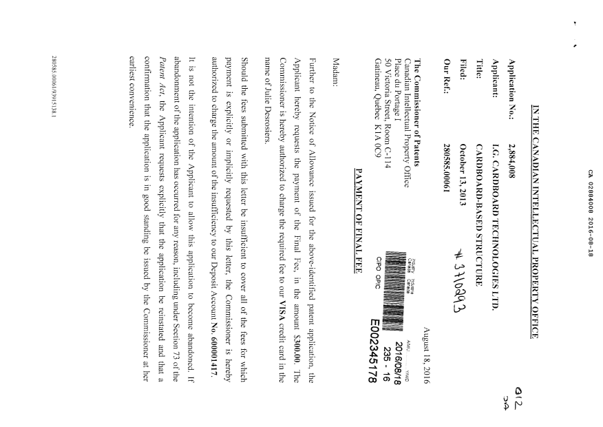 Document de brevet canadien 2884008. Correspondance 20151218. Image 1 de 2