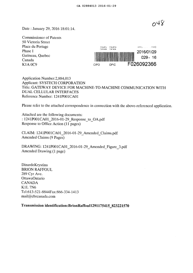 Canadian Patent Document 2884013. Prosecution-Amendment 20151229. Image 1 of 22