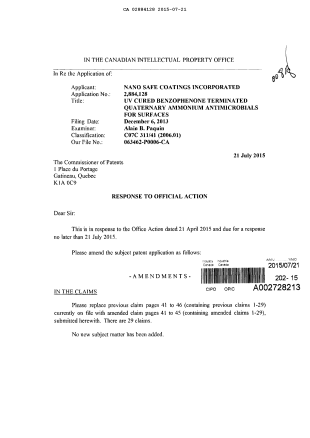 Document de brevet canadien 2884128. Poursuite-Amendment 20141221. Image 1 de 10