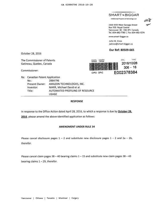 Canadian Patent Document 2884796. Amendment 20161028. Image 1 of 18