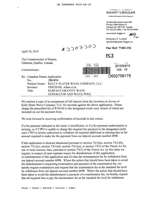 Document de brevet canadien 2884894. Cession 20150410. Image 1 de 6