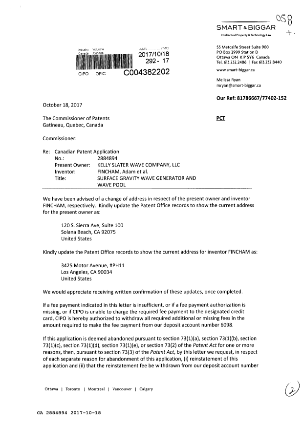 Document de brevet canadien 2884894. Correspondance reliée au PCT 20171018. Image 1 de 2