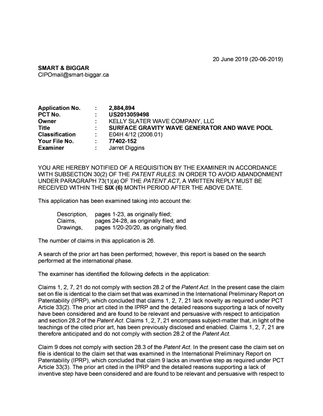 Document de brevet canadien 2884894. Demande d'examen 20190620. Image 1 de 4