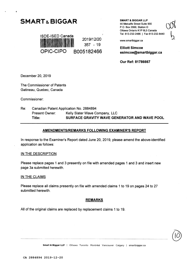 Document de brevet canadien 2884894. Modification 20191220. Image 1 de 10