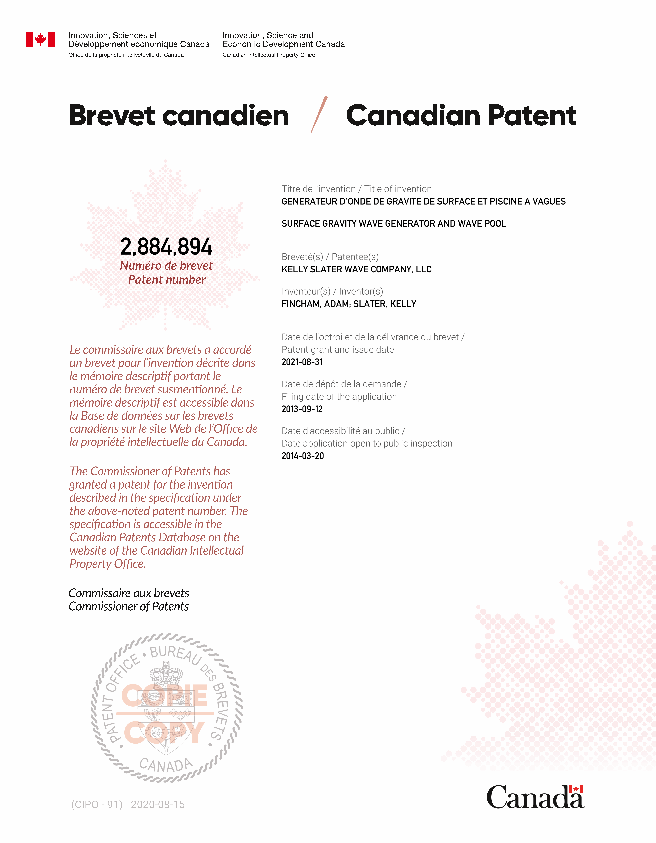 Canadian Patent Document 2884894. Electronic Grant Certificate 20210831. Image 1 of 1