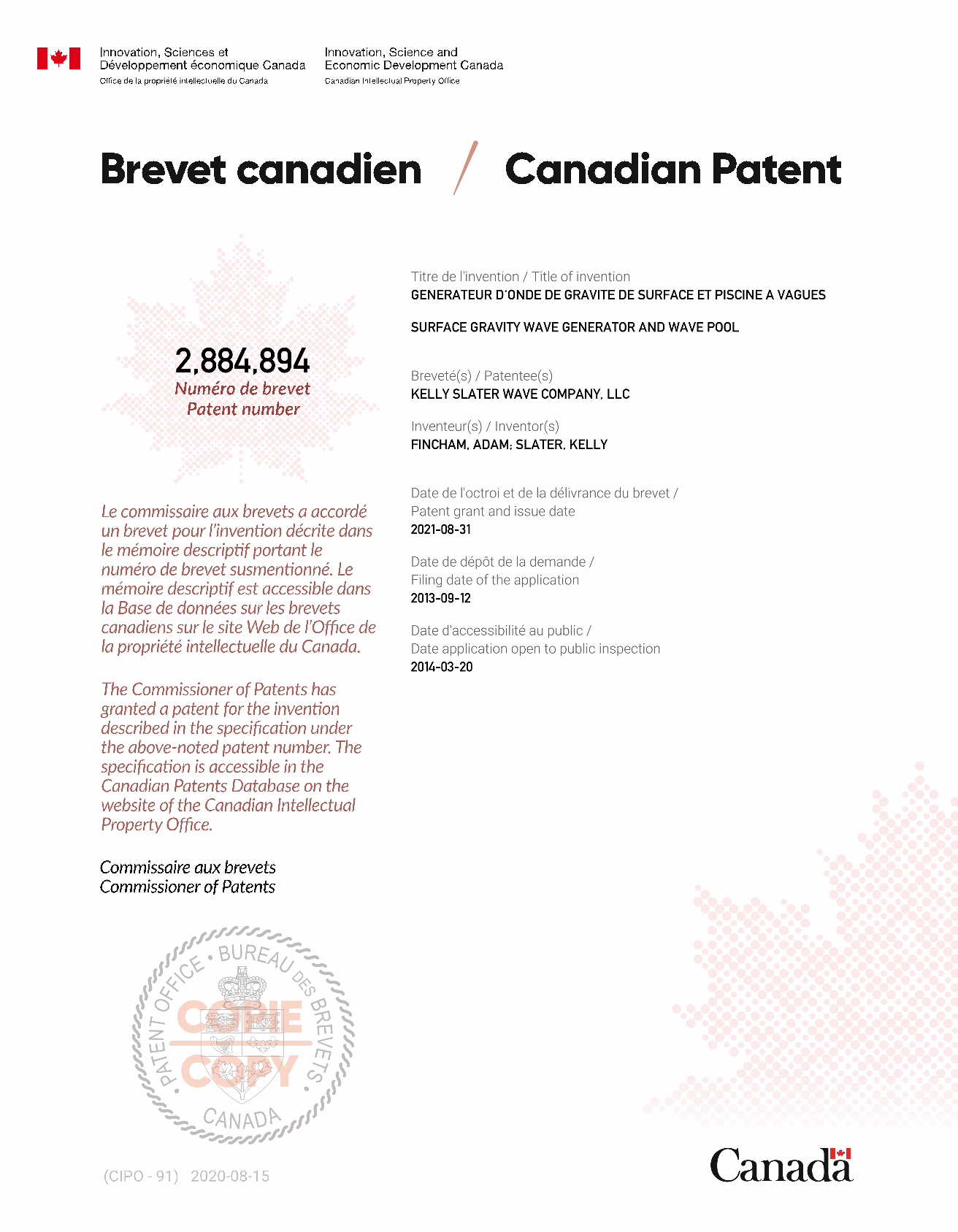 Canadian Patent Document 2884894. Electronic Grant Certificate 20210831. Image 1 of 1