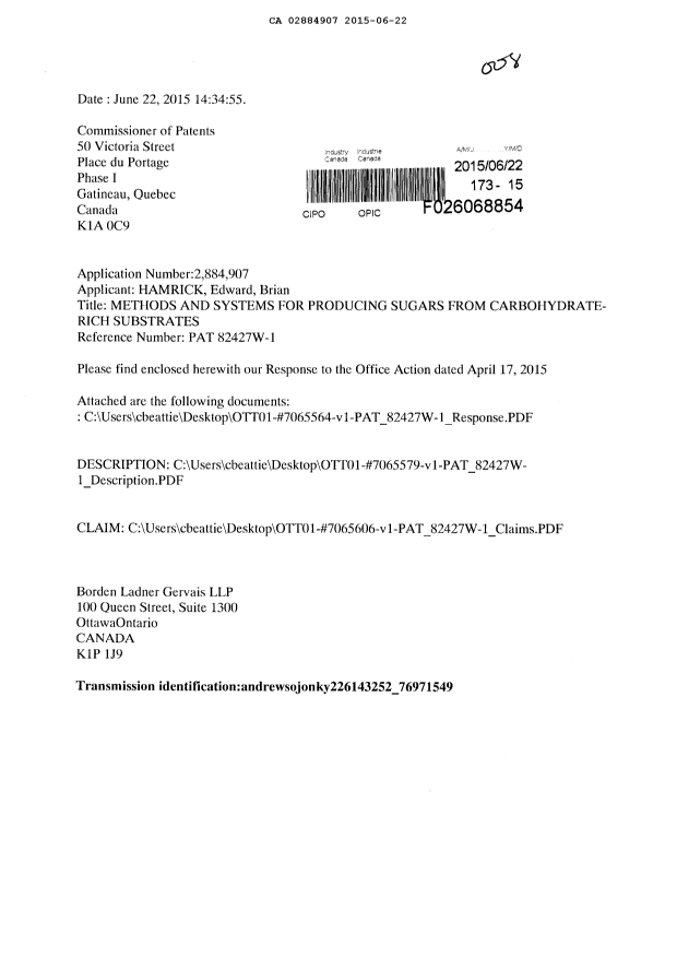 Canadian Patent Document 2884907. Prosecution-Amendment 20141222. Image 1 of 19