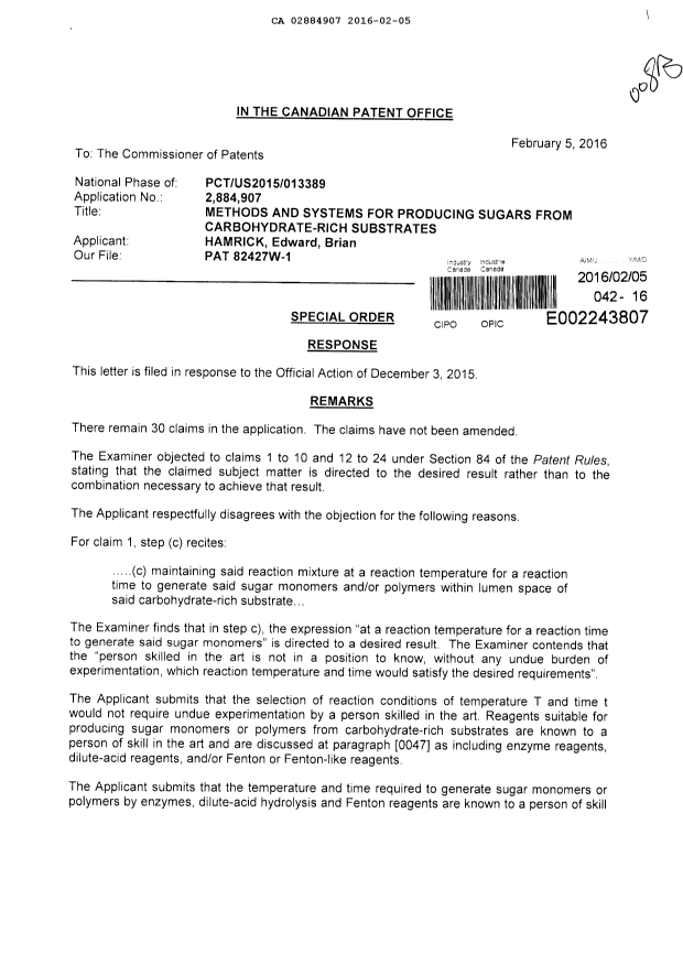 Canadian Patent Document 2884907. Prosecution-Amendment 20151205. Image 1 of 3
