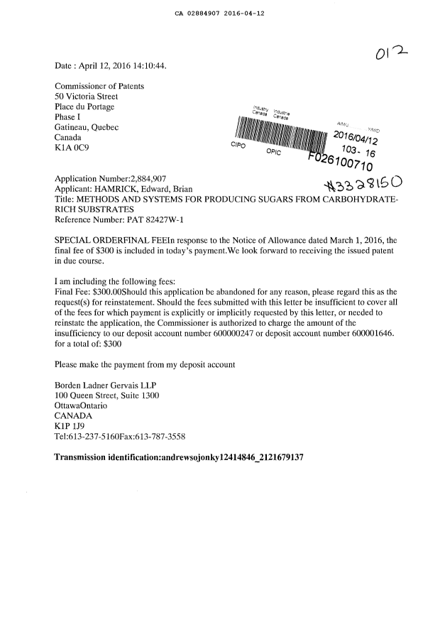 Document de brevet canadien 2884907. Correspondance 20151212. Image 1 de 1