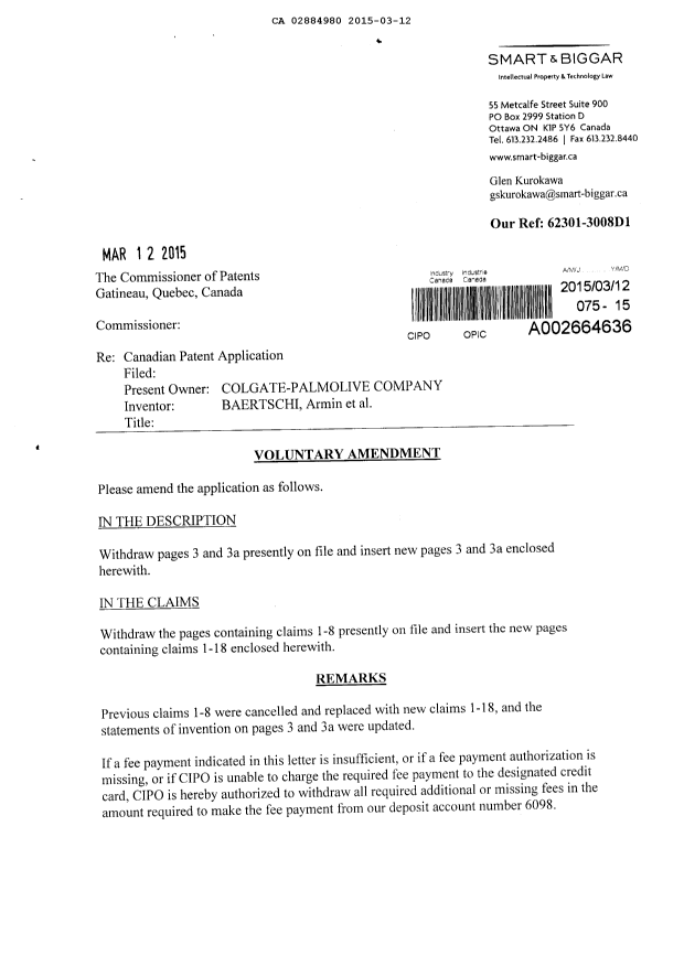 Document de brevet canadien 2884980. Poursuite-Amendment 20150312. Image 1 de 7