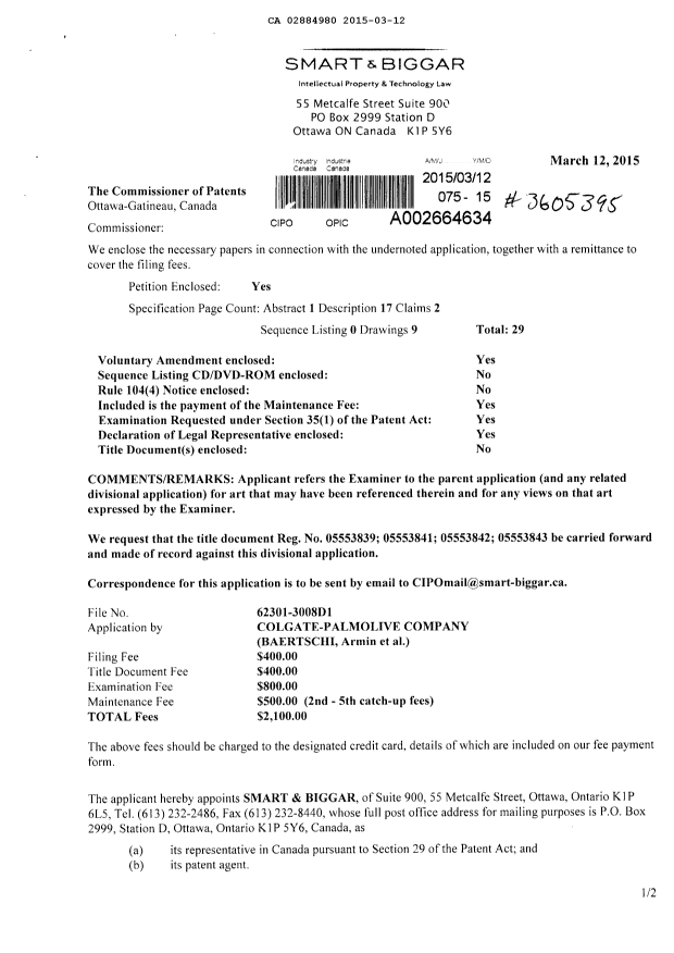 Canadian Patent Document 2884980. Prosecution-Amendment 20150312. Image 1 of 2