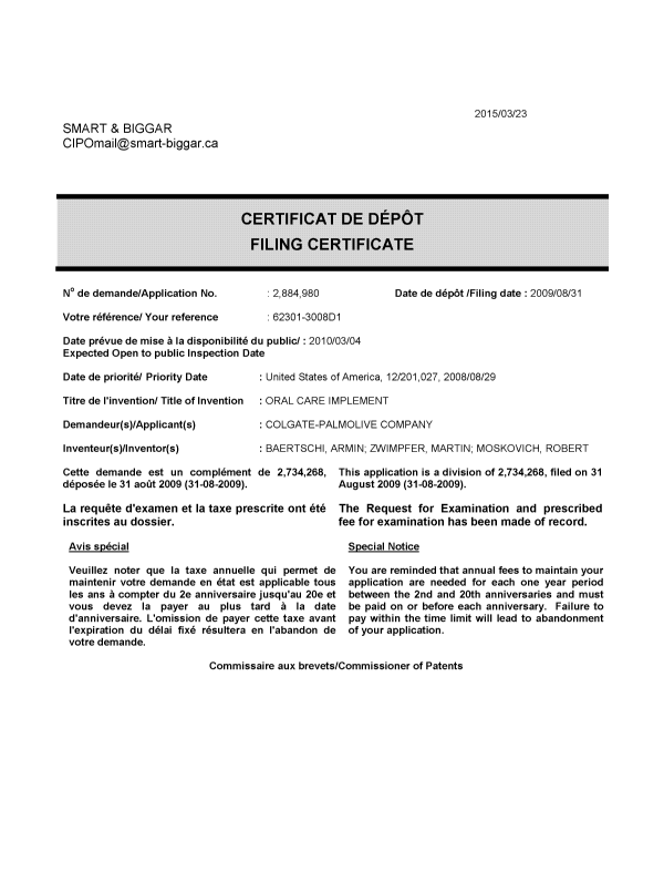 Document de brevet canadien 2884980. Correspondance 20150323. Image 1 de 1