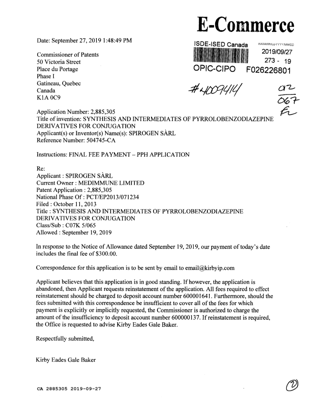 Document de brevet canadien 2885305. Changement à la méthode de correspondance 20190927. Image 1 de 2